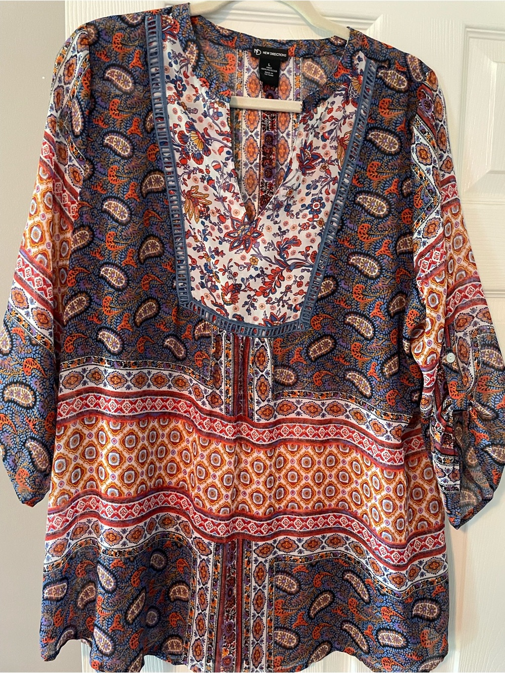Women’s new directions Multicolor Paisley & Floral V-Neck Tunic — Navy, Rust,